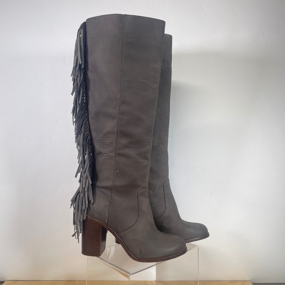 Gianni Bini‎ Gray Leather Tall Knee High Fringe Western Boots Womens 5.5M
